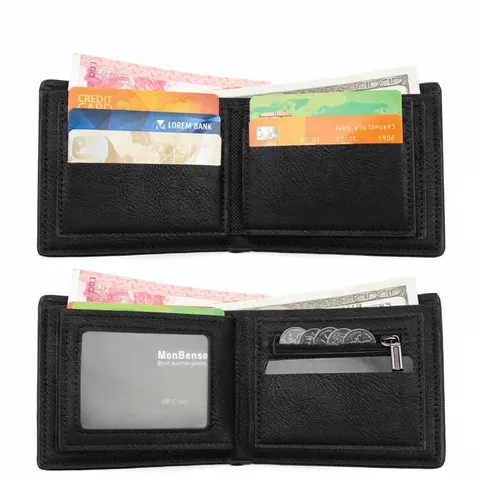Cartera Corta Tríptica de Cuero PU de Negocios para Hombre Costuras en Contraste Bloque de Color Ranuras para Tarjetas Bolsillo con Cremallera Monedero Horizontal