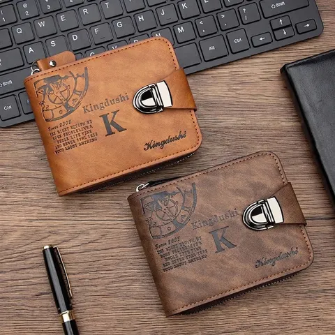 Retro PU Leather Men Short Wallet Triple Fold Printed Purse With Metal Lock Zipper Pocket Card Holder Coin Bag For Men