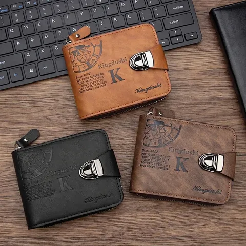 Retro PU Leather Men Short Wallet Triple Fold Printed Purse With Metal Lock Zipper Pocket Card Holder Coin Bag For Men