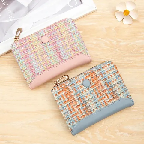 Women's Short Wallet PU Leather Woven Texture Zipper Snap Button Card Holder Coin Purse Korean Style Fashion Clutch Purse