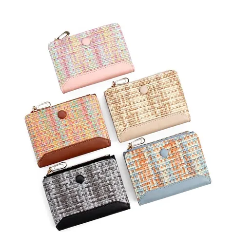 Women's Short Wallet PU Leather Woven Texture Zipper Snap Button Card Holder Coin Purse Korean Style Fashion Clutch Purse