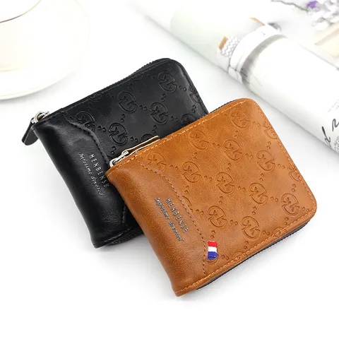 Men's Casual Fashion Short Wallet Zipper PU Leather Bifold Card Holder Organizer Money Clip With Geometric Embossed Pattern