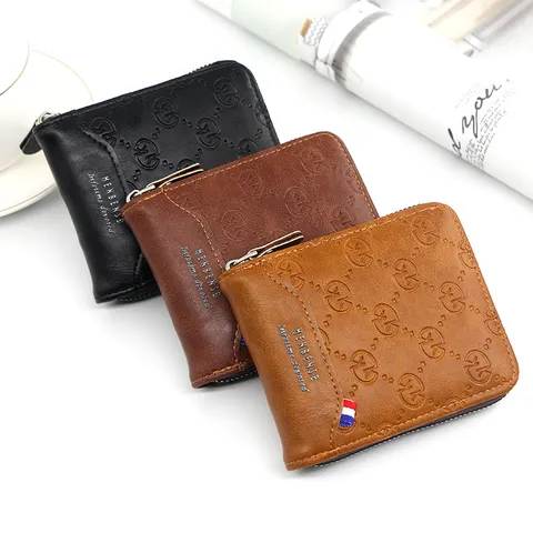 Men's Casual Fashion Short Wallet Zipper PU Leather Bifold Card Holder Organizer Money Clip With Geometric Embossed Pattern