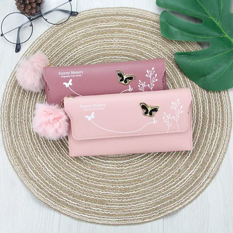 Γυναικείο Μακρύ Πορτοφόλι Δέρμα PU Clutch Πολυλειτουργική Τσάντα Με Πομ Πομ Γούρι Μεταλλική Αγκράφα Πεταλούδα Μοτίβο R507