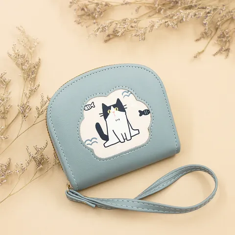 Süße Cartoon Katze Muschelform Reißverschluss Geldbörse Für Damen PU-Leder Münzbörse Mehrere Kartenfächer Mit Handgelenkschlaufe