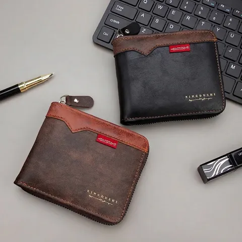 Herren Trifold Geldbörse Mit Kette PU-Leder Patchwork Farblock Kurze Geldbörse Multi Kartenslots Reißverschluss Münzfach Brieftasche