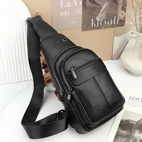 Bolso de Pecho de Moda para Hombre Patrón de Lichi Cuero PU Bolso de Hombro Casual Travel Pack Con Agujero para Auriculares