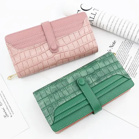 Cartera Larga para Mujer de Cuero PU con Textura de Piedra Cocodrilo Bolso de Mano con Tarjetero Cierre de Cremallera y Broche Moda