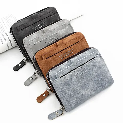 Korean Style Men Frosted PU Leather Short Wallet Vertical Zipper Card Holder Large Capacity Multi Card Slot Coin Purse