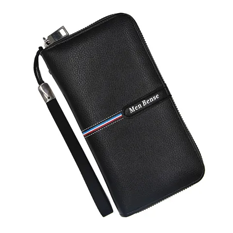 Men's Long Clutch Bag Litchi Texture PU Leather Wallet Large Capacity Zipper Handbag With Wrist Strap Business Daily Purse