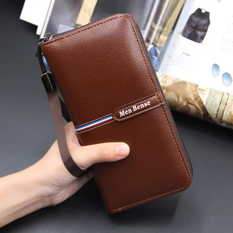 Men's Long Clutch Bag Litchi Texture PU Leather Wallet Large Capacity Zipper Handbag With Wrist Strap Business Daily Purse