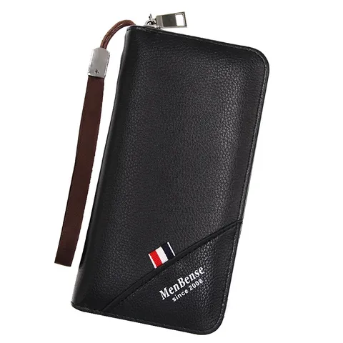 Men Long Business Zipper Wallet Large Capacity PU Leather Phone Clutch Bag With Wrist Strap Fashion Card Holder Organiser