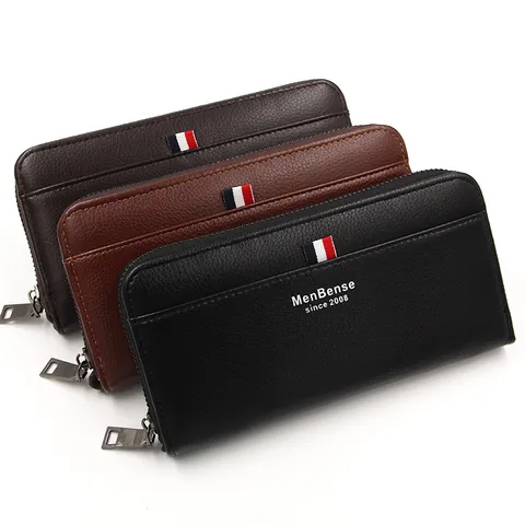 MenBense Men's Business Long Wallet PU Leather Litchi Grain Zip Around Clutch Bag Three Color Stripe Fashion Card Holder Handbag