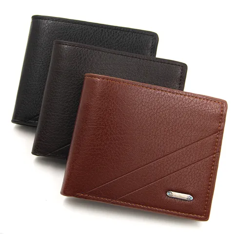Cartera Corta de Cuero PU para Hombre Gran Capacidad Patrón de Litchi Casual Bifold Monedero Ranuras para Múltiples Tarjetas Bolsillo con Cremallera