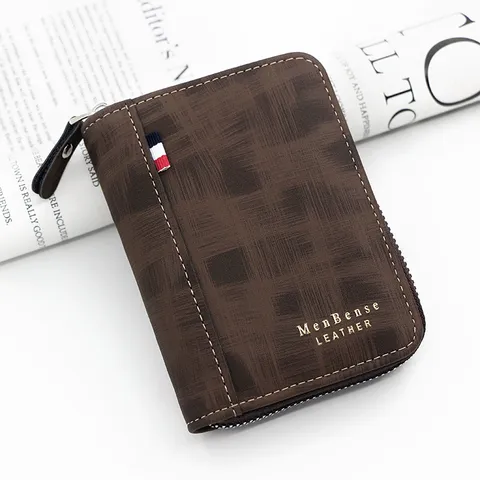 MenBense Leather Short Wallet For Men Zip Around Card Holder Wallet With Tri-Color Ribbon Korean Fashion Frosted PU Leather Wallet