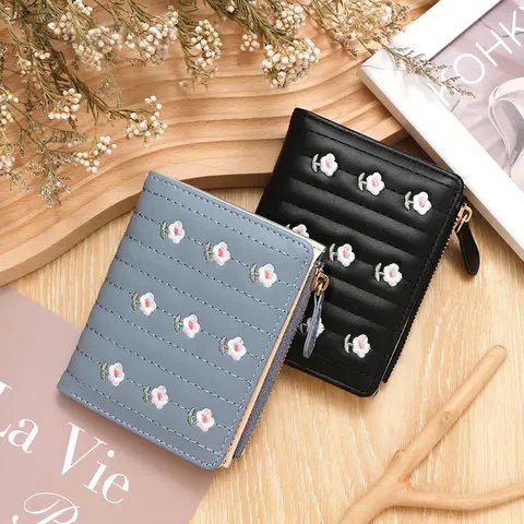 Women Short PU Leather Wallet Fresh Flower Embroidery Zipper Coin Purse Multi Card Slot Holder Korean Sweet Fashion Wallet