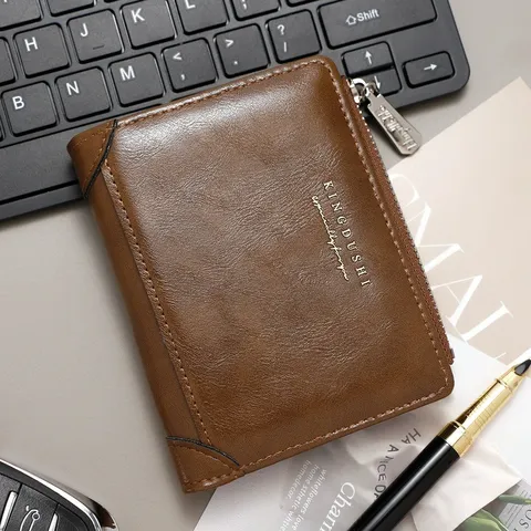 Cartera vertical de cuero PU de negocios para hombres con cremallera lateral multi ranuras para tarjetas para hombres Minimalist