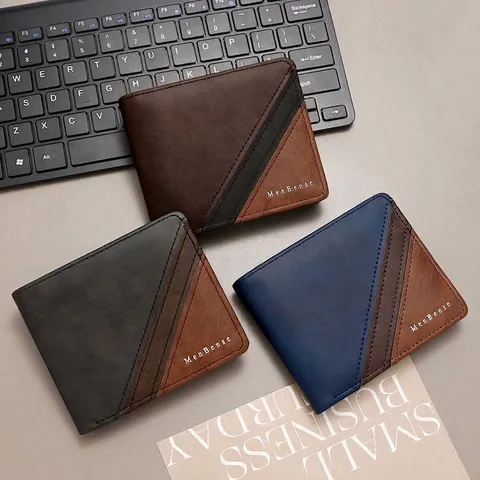 Ανδρικό Πορτοφόλι Τριπλό Δίπλωμα Δέρμα PU Patchwork Κοντό Στυλ Με Πολλαπλές Θήκες Καρτών και Τσέπη για Κέρματα Με Φερμουάρ