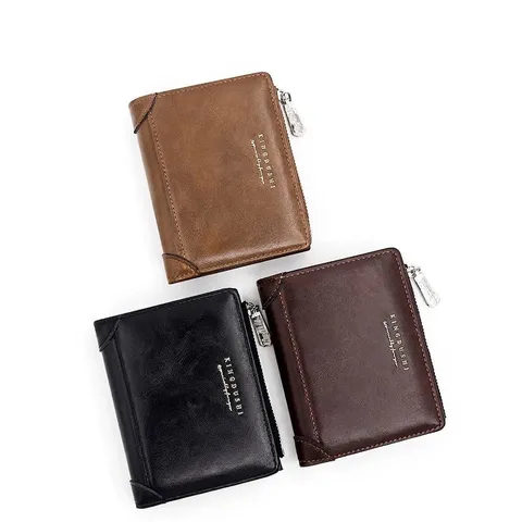 Cartera vertical de cuero PU de negocios para hombres con cremallera lateral multi ranuras para tarjetas para hombres Minimalist