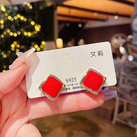 Red Matte Square Pearl Stud Earrings Alloy Rhinestone Inlaid 925 Sterling Silver Earring Post Korean Fashion Commuter Jewelry For Women