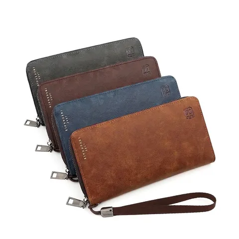 Men's Vintage Long Wallet Large Capacity PU Leather Clutch Bag With B Letter Logo Multi-Card Slot Zipper Handbag Phone Purse