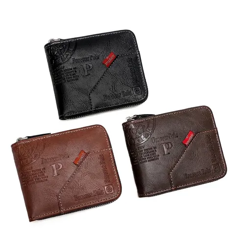 Men Retro Short Zip-Around Wallet PU Leather Large Capacity Coin Purse Trifold Money Bag Embossed Card Holder Wallet