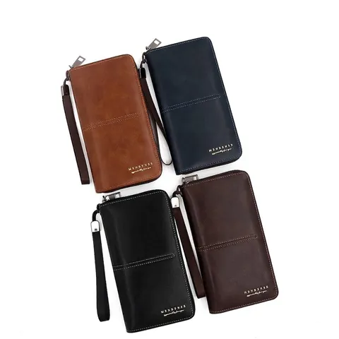 Men's Business Casual Long Wallet PU Leather Clutch Bag Large Capacity Phone Purse with Wrist Strap Multi Card Slots