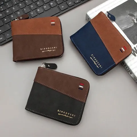 Portafoglio Corto da Uomo a 3 Pieghe con Catena Patchwork a Colori in Pelle PU con Zip per Monete e Porta Carte Business Kingdushi
