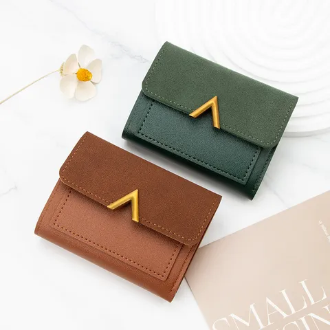 Cartera Corta para Mujer Estilo Coreano Cuero PU Gran Capacidad Tarjetero Con Hebilla de Metal V Oro Diario