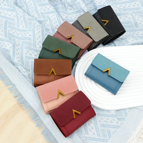 Cartera Corta para Mujer Estilo Coreano Cuero PU Gran Capacidad Tarjetero Con Hebilla de Metal V Oro Diario
