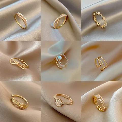 Simple Fashion Adjustable Open Ring For Women Copper Gold Plated Artificial Pearl Rhinestone Inlaid Korean Style Jewelry