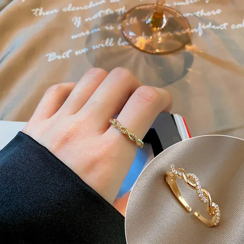 Simple Fashion Adjustable Open Ring For Women Copper Gold Plated Artificial Pearl Rhinestone Inlaid Korean Style Jewelry