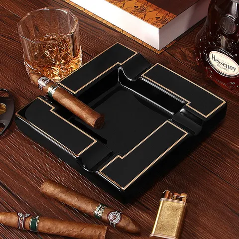 Large Square Melamine Cigar Ashtray Four Slots Minimalist Modern Black With Gold Or White Border For Hotel Office Home