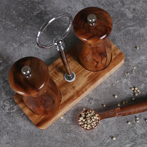 Set Macina Pepe e Sale Manuale in Legno Con Grana Naturale del Legno Strumenti per Condimento Regolabili per Cucina Pranzo