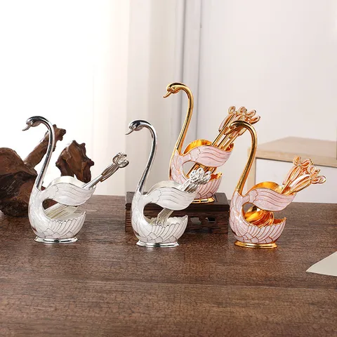 European Style Zinc Alloy Swan Tableware Set Decorative Swan Base With 6 Coffee Spoons Rhinestone Bowknot Fruit Forks For Home Cafe Banquet Decor