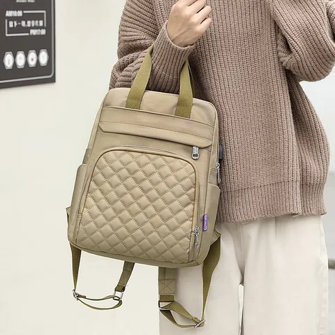Large Capacity Oxford Fabric Diaper Bag Casual Travel Backpack With Diamond Lattice Design Exterior USB Port For Stroller