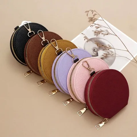 Women Round Zipper Coin Purse PU Leather Litchi Pattern Candy Color Wallet With Metal Hook Keychain Holder Daily Pouch