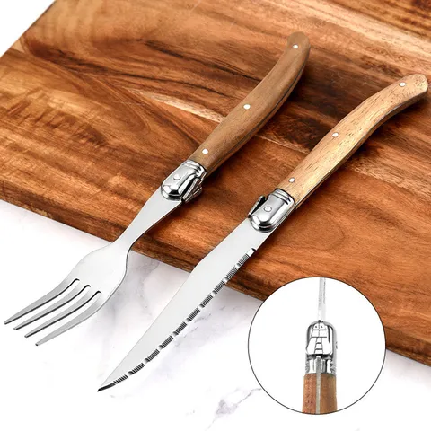 Laguiole Style Steak Knife Fork Set Acacia Wood Handle 420 Stainless Steel Serrated Blade Mirror Polished Western Tableware Dinner Cutlery