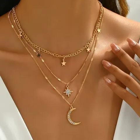 Collana Moda a Strati con Stella e Luna Pendente in Strass Lega Collane Girocollo Multistrato per Donna Gioielli Personalizzati Accessori