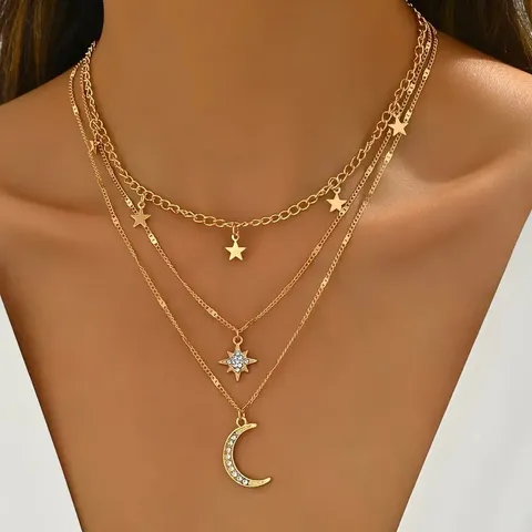 Collana Moda a Strati con Stella e Luna Pendente in Strass Lega Collane Girocollo Multistrato per Donna Gioielli Personalizzati Accessori