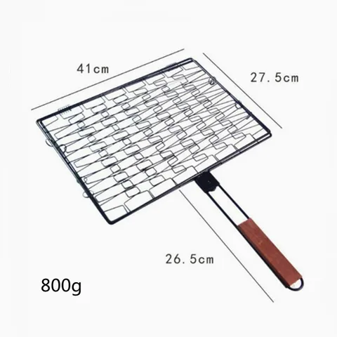 Portable Rectangular BBQ Grill Basket Non-stick Fish Grilling Clip With Heat Resistant Wood Handle For Outdoor Camping Steak Roaster Rack