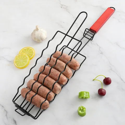 Multifunctional Black Iron BBQ Basket Portable Sausage Grill Rack With Red Wood Handle Wave Design Outdoor Grilling Tool