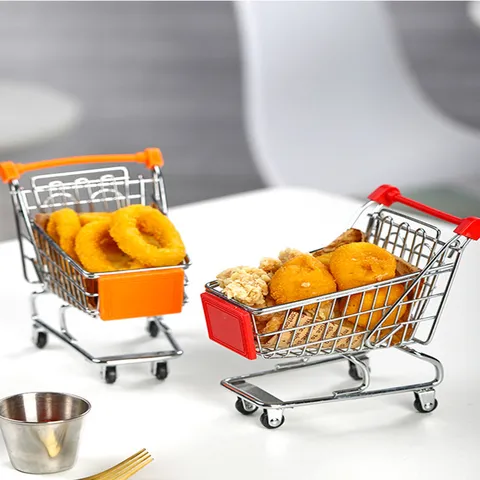 Creative Mini Supermarket Trolley Snack Basket Metal Fried Chicken French Fries Rack Restaurant Bread Tray Desktop Storage Organizer