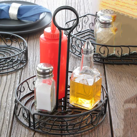 Iron Condiment Basket Spice Rack With Table Number Holder Menu Clip Restaurant Hotel Kitchen Storage Organizer Black Metal Tray