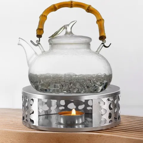 Stainless Steel Teapot Warmer Round Hollow Heart Design Tea Coffee Heater Base With Candle Holder For Glass Teapots