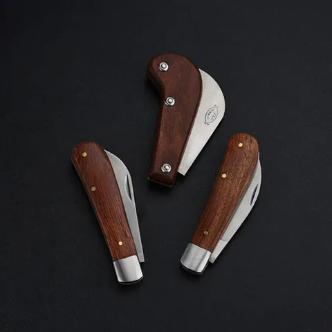 Folding Gardening Knife Wood Handle Stainless Steel Curved Blade Mushroom Picking Knife Portable Harvesting Tool For Outdoor Orchard Vegetable Garden