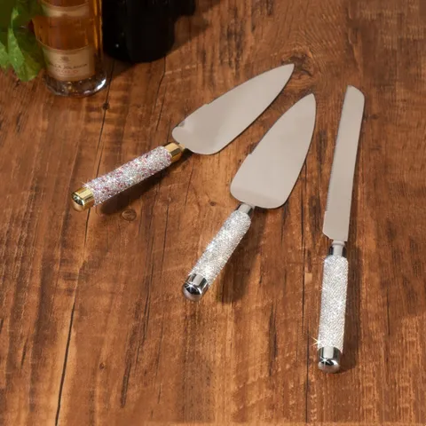 Luxury Stainless Steel Rhinestone Handle Cake Knife Server Wedding Gift Bread Cutter Salad Fork Spoon Gold Silver Accessories