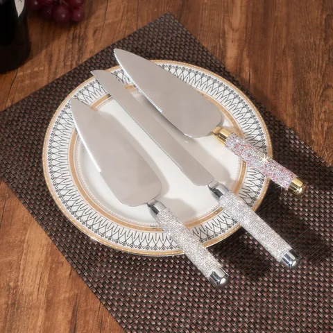 Luxury Stainless Steel Rhinestone Handle Cake Knife Server Wedding Gift Bread Cutter Salad Fork Spoon Gold Silver Accessories