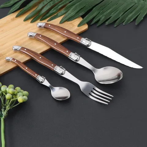 Laguiole Stil Edelstahl Besteck Holzmaserung Kunststoffgriff Steakmesser Abendessen Gabel Löffel Spiegel Poliert Westlichen Geschirr