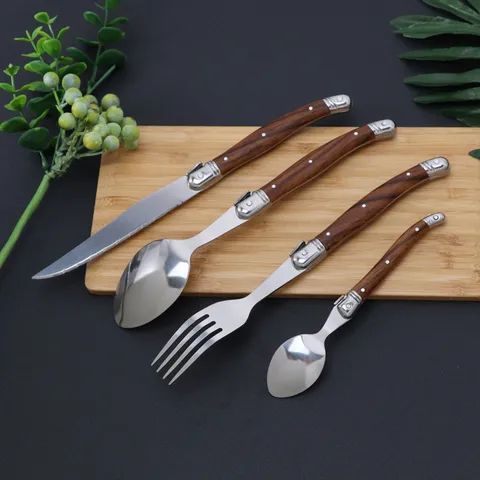 Laguiole Stil Edelstahl Besteck Holzmaserung Kunststoffgriff Steakmesser Abendessen Gabel Löffel Spiegel Poliert Westlichen Geschirr